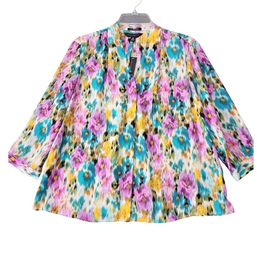Investments‎ Petites Caroline Blouse Multi Color Abstract Floral V-Neck PM NWT